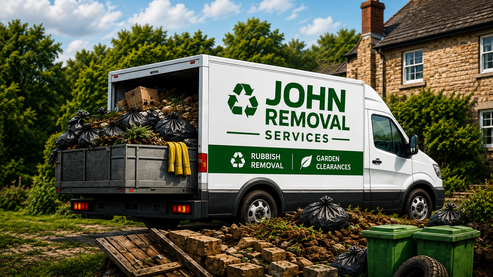 John Removal Services van loaded with garden waste and rubbish bags outside a house