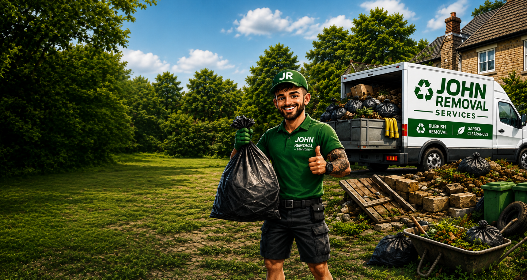 John Removal Services team member clearing garden waste beside the company van